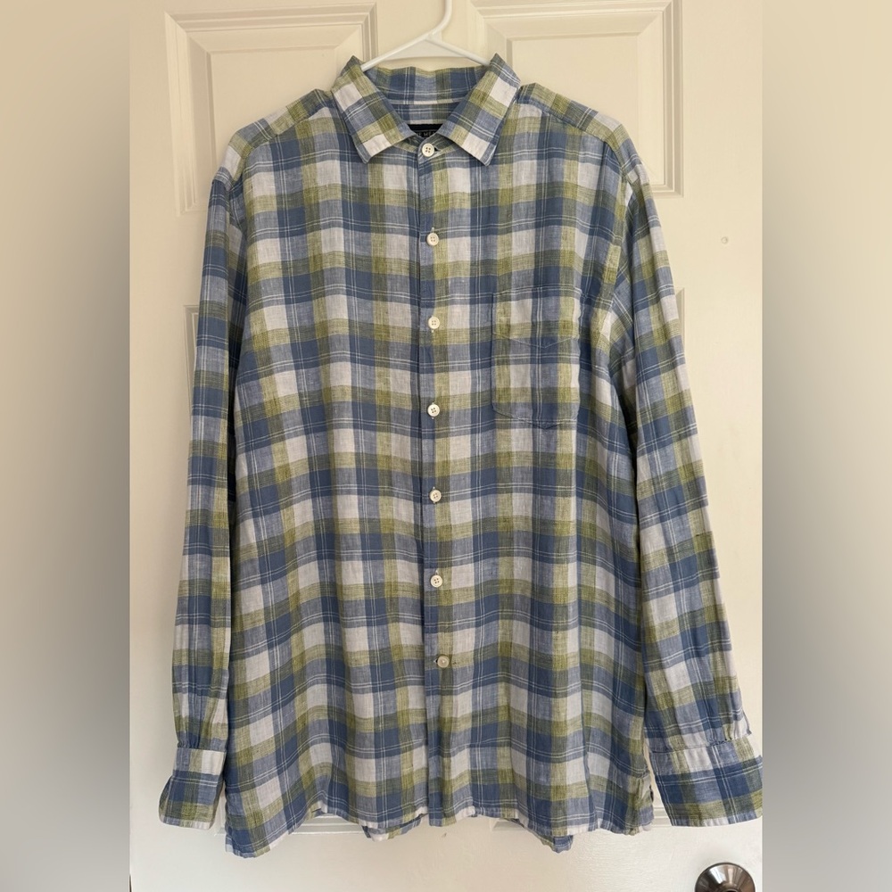 True Measure 100% linen blue yellow long sleeve button down shirt men’s L